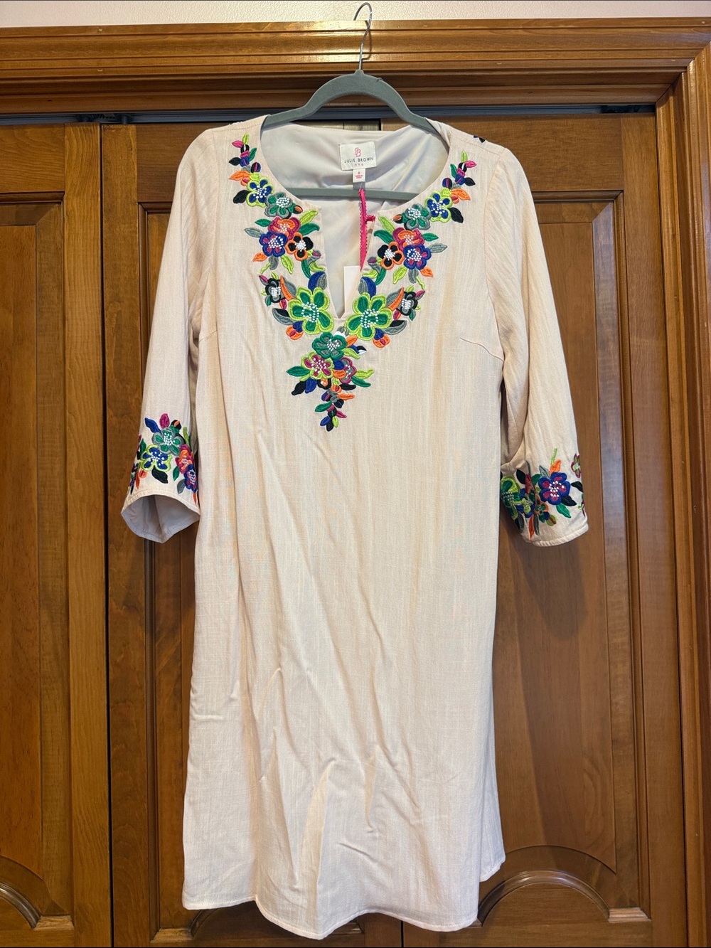 Embroidered Beige Floral Tunic Dress